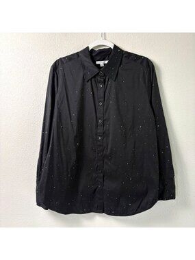 Chicos Embellished Poplin Shirt Womens 2 US 12 Black Long Sleeve Button Up
